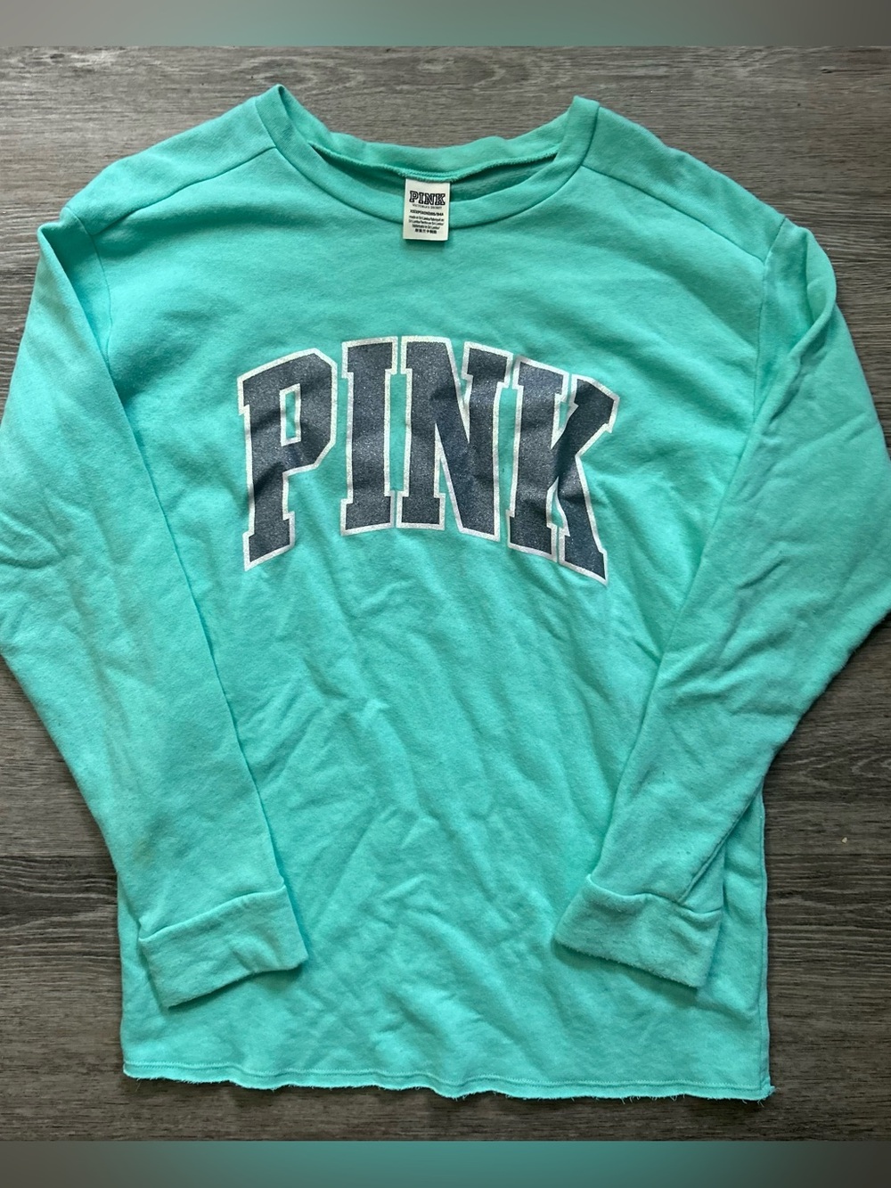 PINK Victoria's Secret Mint Green Long-Sleeve Crewneck Sweatshirt FLAWED